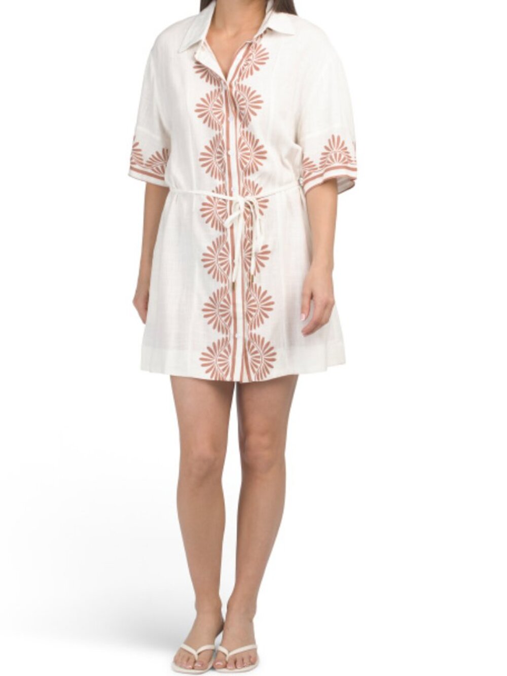 WHITE CLOSET White/Tan Linen Blend Short Sleeve Placed Floral Mini Dress